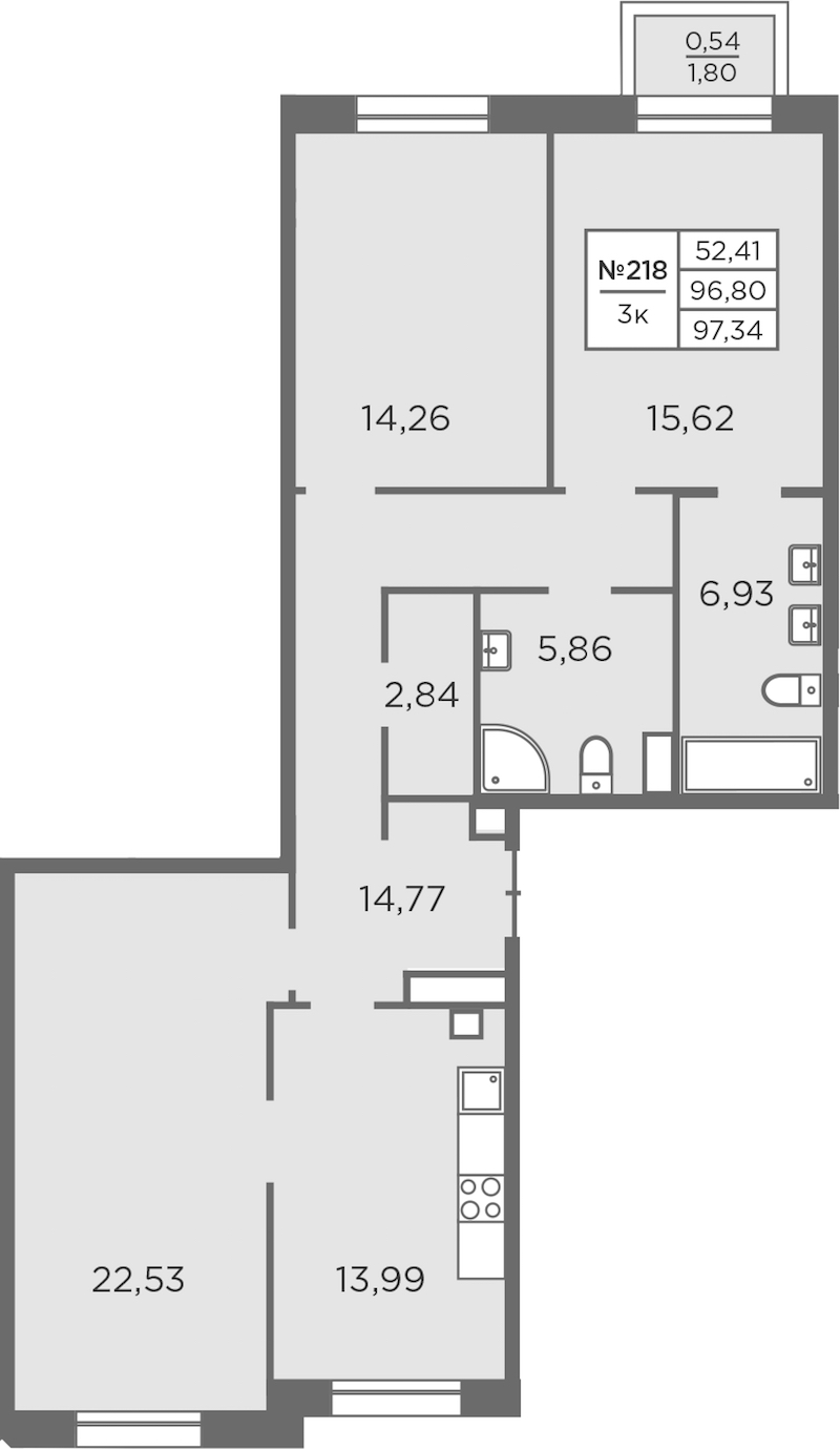3-комнатная квартира 97.34 м², 6/8 эт., ЖК «Северная Корона»